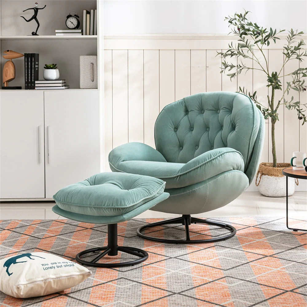 Velvet Swivel Accent Chair with Ottoman Set, Modern Lounge Chair with Footrest and Metal Base Comfy Armchair with 360 Degree Swiveling Single Sofa Chair Accent Chairs for Living Room, Green