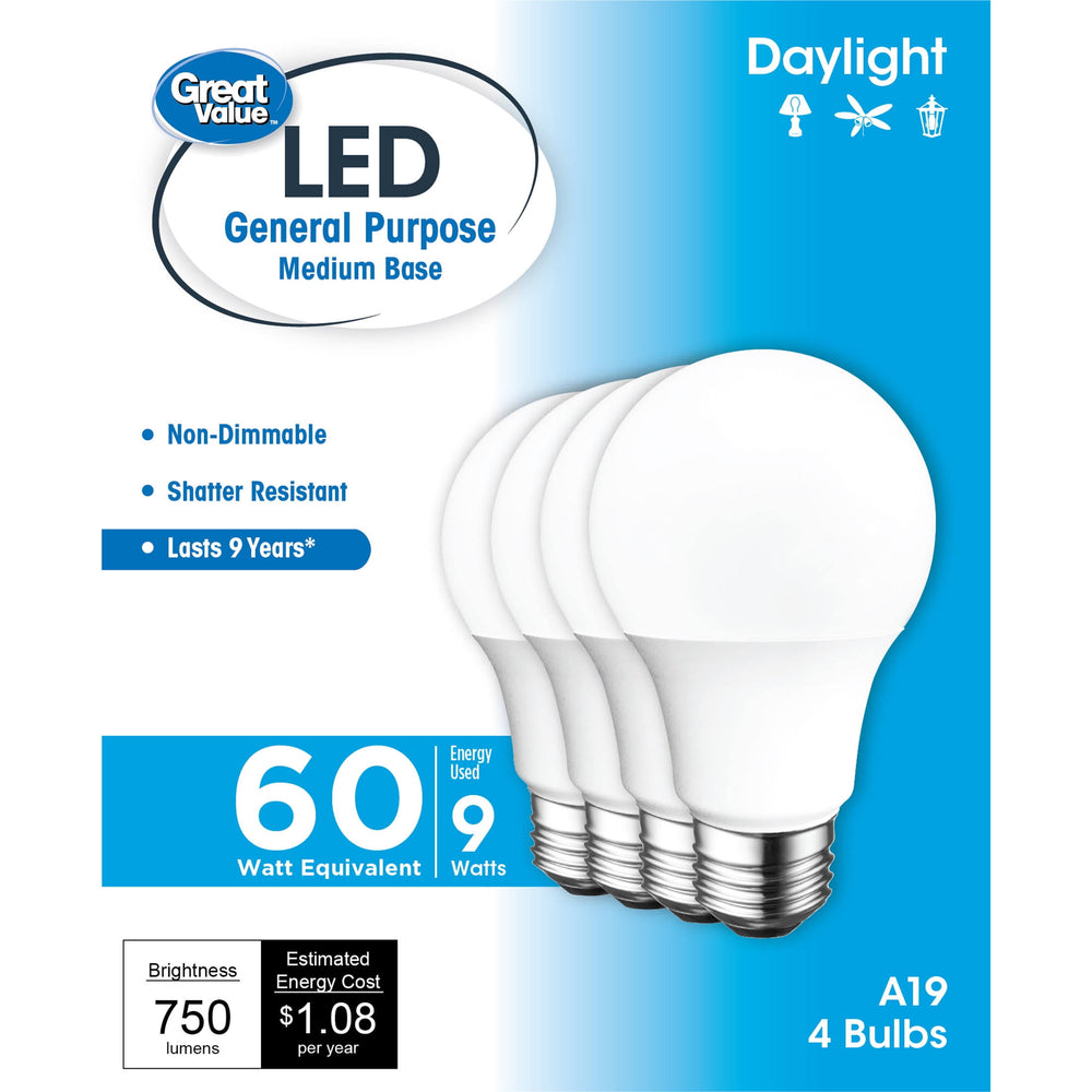 Great Value LED Light Bulb, 9W (60W Equivalent) A19 General Purpose Lamp E26 Medium Base, Non-Dimmable, Daylight, 4-Pack